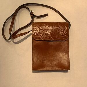 Patricia Nash brown tooled leather crossbody boxy bag with floral design